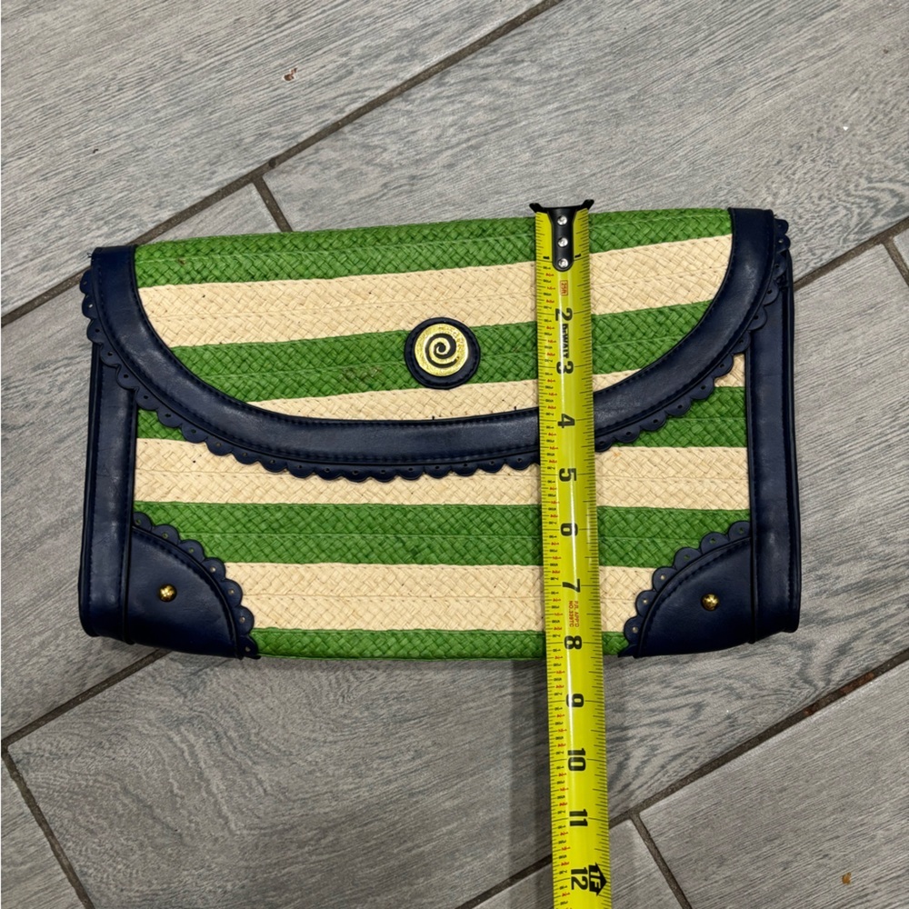 Mudpie Straw Clutch Handbag Envelope Purse Woven Blue Green Stripe Beach - Picture 4 of 7